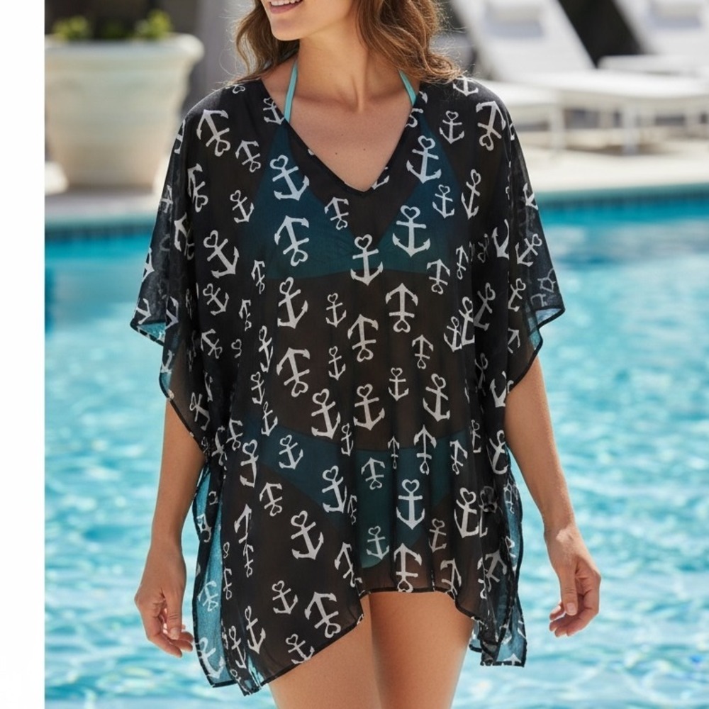 NWT Zuécar Navy Anchor Heart Print Sheer Kimono Cover Up Kaftan Top F/S
